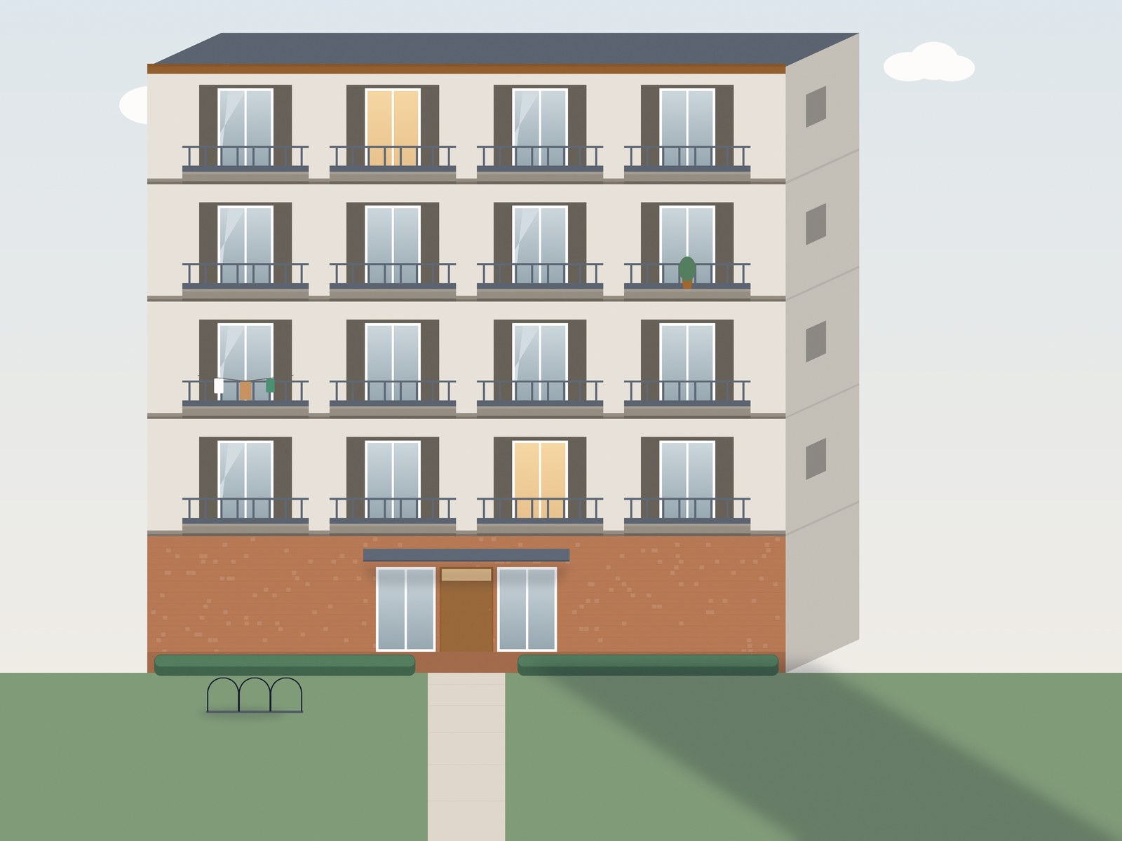Buitenaanzicht van een appartement, geillustreerd voorbeeld