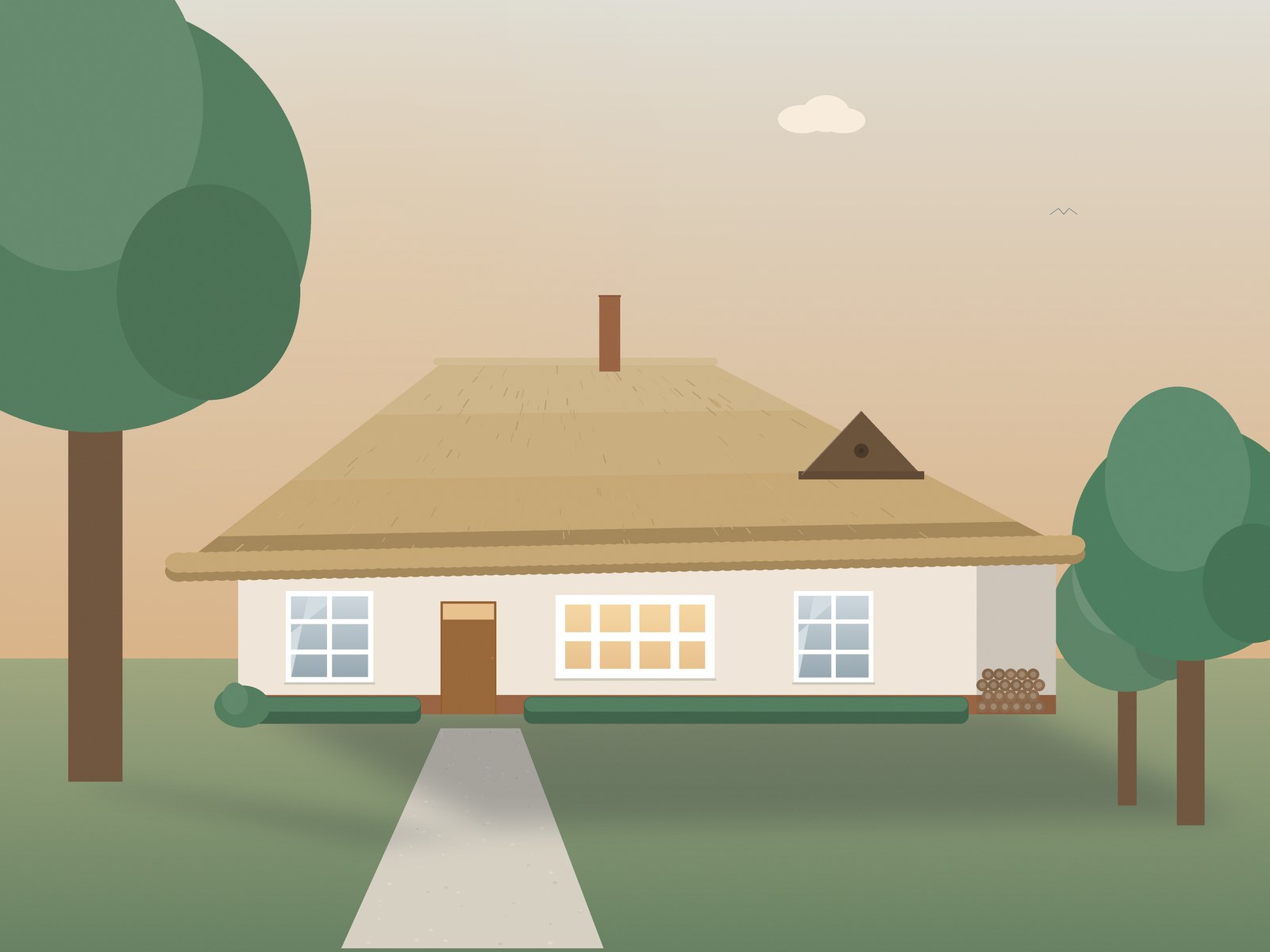 Buitenaanzicht van een landhuis, geillustreerd voorbeeld
